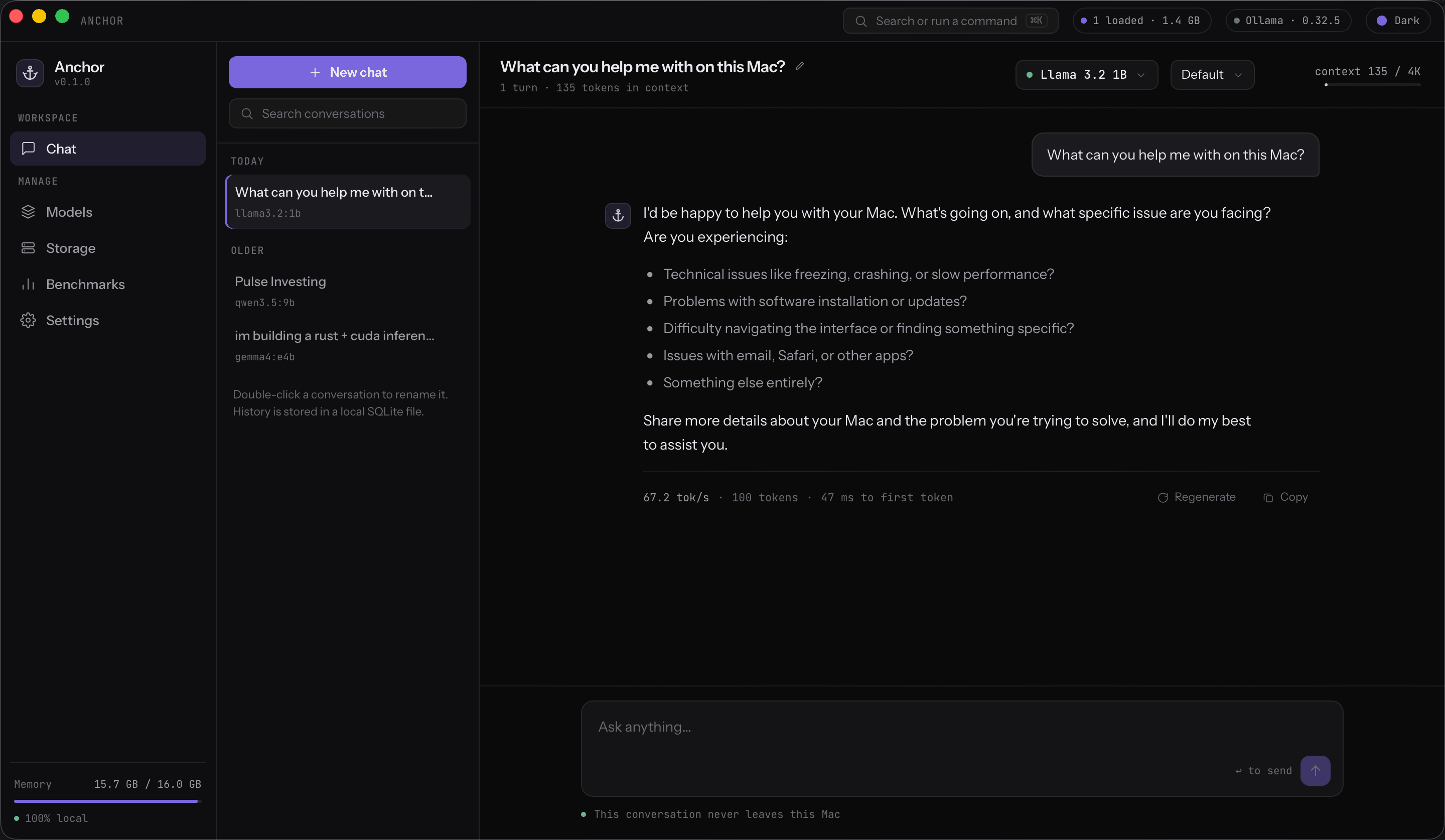 Anchor's chat view streaming a response from Llama 3.2 with token speed stats
