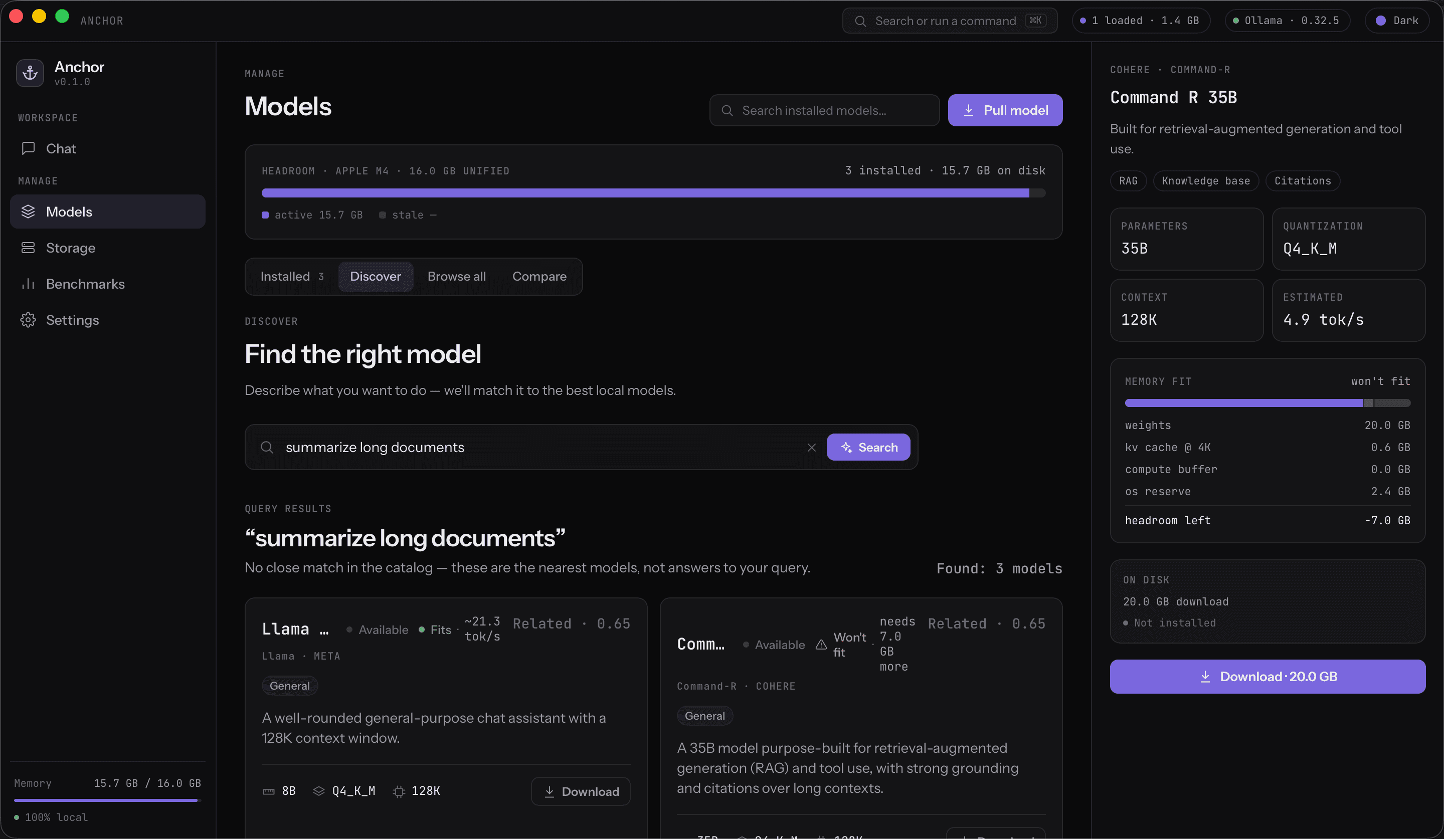 Anchor's model discovery view with search results and a memory fit breakdown
